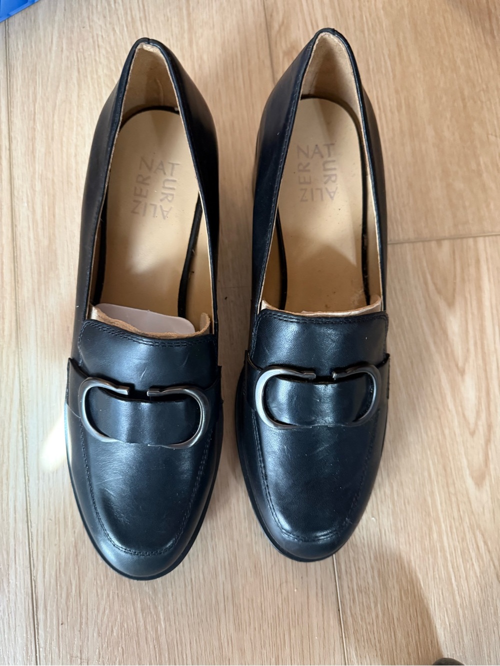Naturalizer Pascal Black Leather Bit Loafers 9M Block Heel